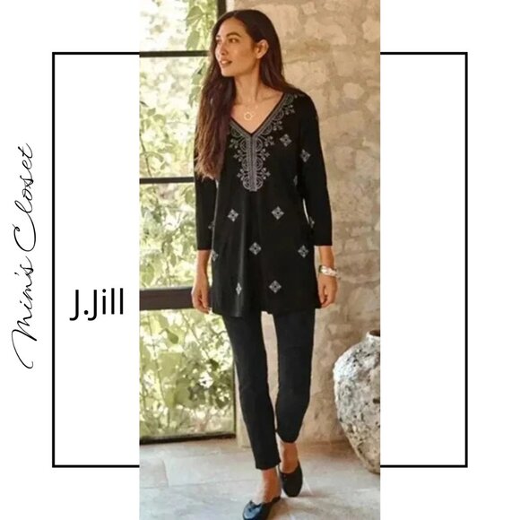 J.JILL Embroidered V-Neck Soft Knit Boho Black Tunic - M - Picture 1 of 15
